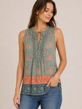 Daniel Rainn Marielle Teal Coral Floral Sleeveless Tie Front Boho Tank Top XS